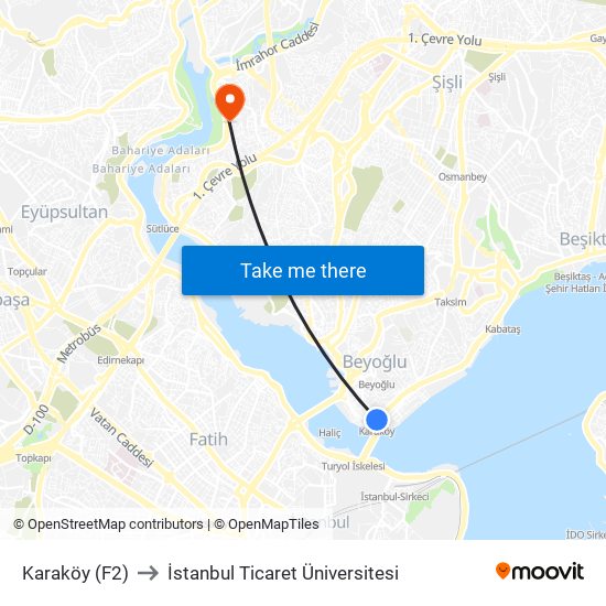 Karaköy (F2) to İstanbul Ticaret Üniversitesi map