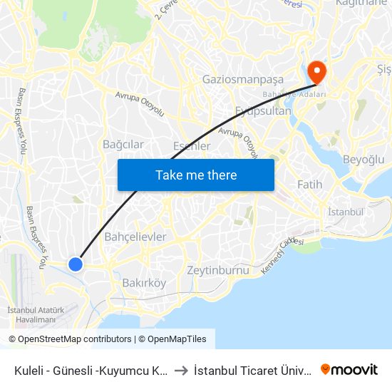 Kuleli - Günesli -Kuyumcu Kent Yönü to İstanbul Ticaret Üniversitesi map