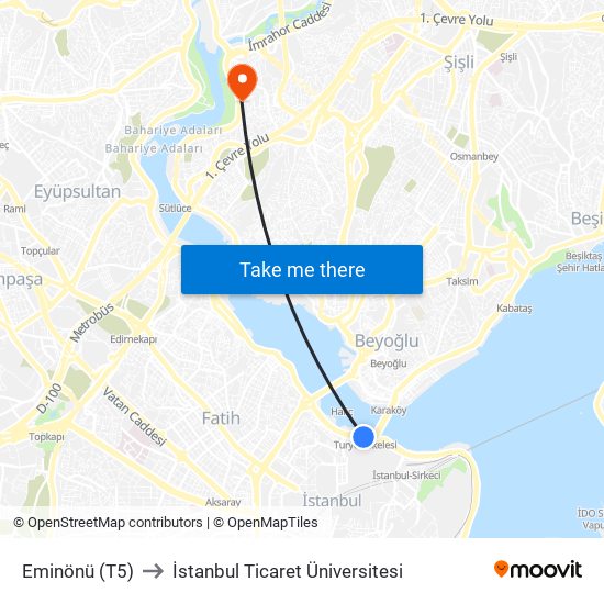 Eminönü (T5) to İstanbul Ticaret Üniversitesi map