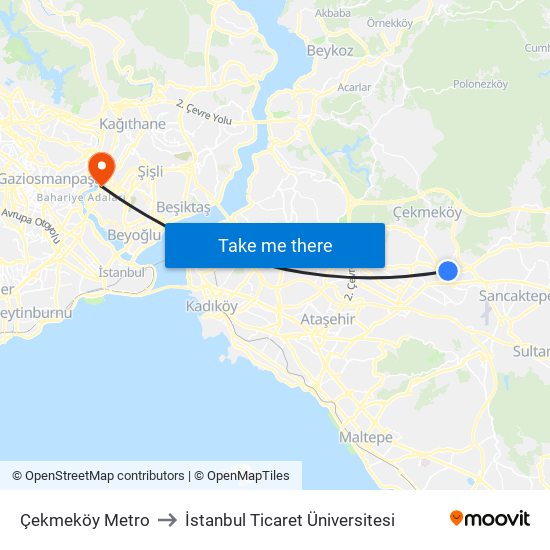 Çekmeköy Metro to İstanbul Ticaret Üniversitesi map