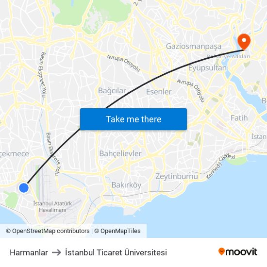 Harmanlar to İstanbul Ticaret Üniversitesi map