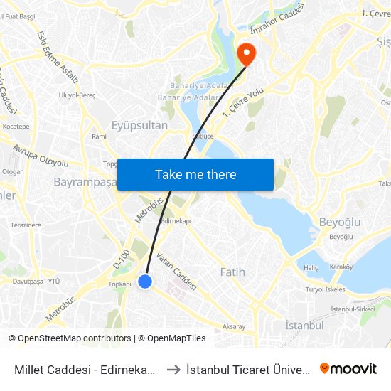 Millet Caddesi - Edirnekapi Yönü to İstanbul Ticaret Üniversitesi map