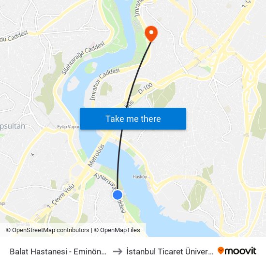 Balat Hastanesi - Eminönü Yönü to İstanbul Ticaret Üniversitesi map
