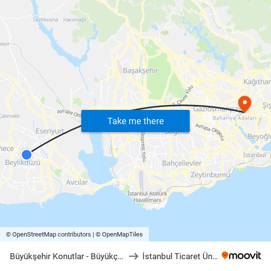 Beylikdüzü Belediye Metrobüs - Büyükçekmece Yönü to İstanbul Ticaret Üniversitesi map