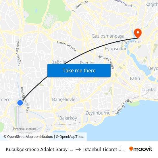 Küçükçekmece Adalet Sarayi - Avcilar Yönü to İstanbul Ticaret Üniversitesi map