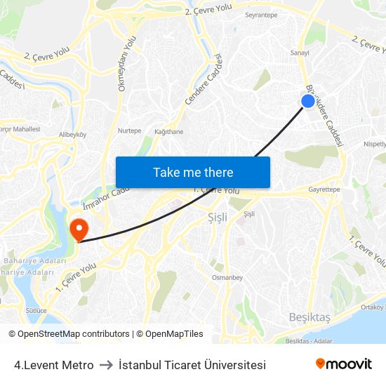 4.Levent Metro to İstanbul Ticaret Üniversitesi map