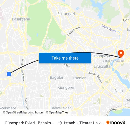 Güneşpark Evleri - Basaksehir Yönü to İstanbul Ticaret Üniversitesi map