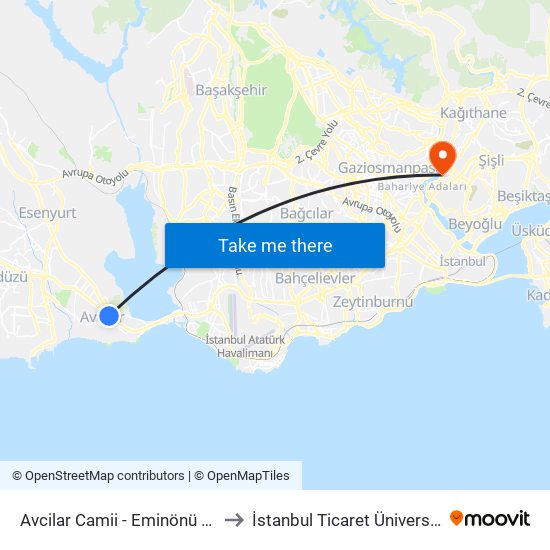 Avcilar Camii - Eminönü Yönü to İstanbul Ticaret Üniversitesi map
