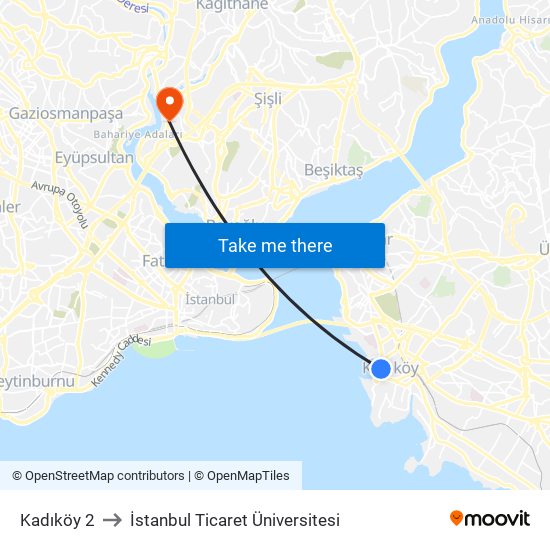 Kadıköy 2 to İstanbul Ticaret Üniversitesi map