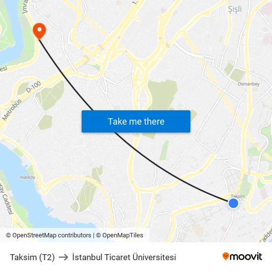 Taksim (T2) to İstanbul Ticaret Üniversitesi map