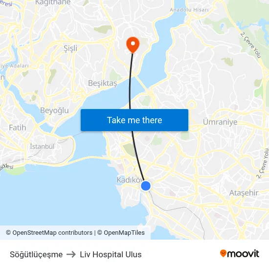 Söğütlüçeşme to Liv Hospital Ulus map