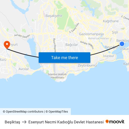 Beşiktaş to Esenyurt Necmi Kadıoğlu Devlet Hastanesi map