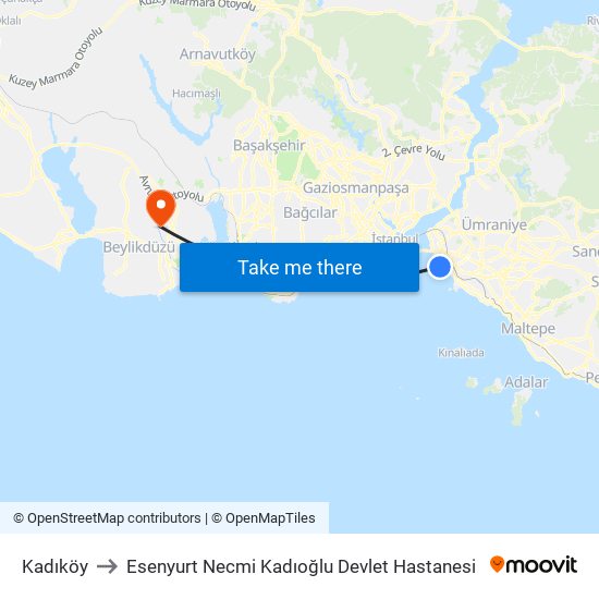 Kadıköy to Esenyurt Necmi Kadıoğlu Devlet Hastanesi map