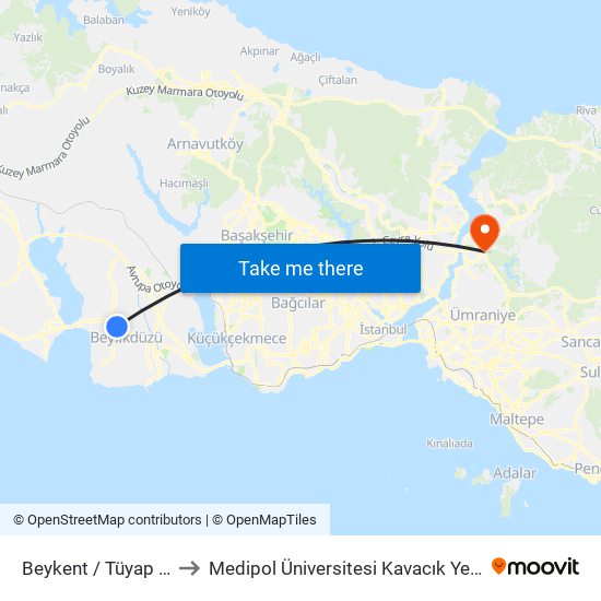 Beykent / Tüyap Yönü to Medipol Üniversitesi Kavacık Yerleşkesi map