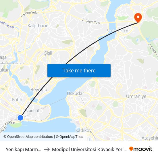 Yenikapı Marmaray to Medipol Üniversitesi Kavacık Yerleşkesi map