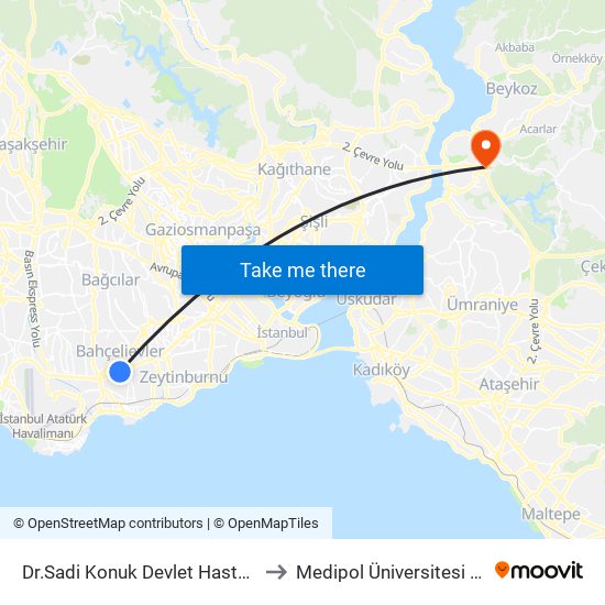Dr.Sadi Konuk Devlet Hastanesi - Cevizlibag Yönü to Medipol Üniversitesi Kavacık Yerleşkesi map