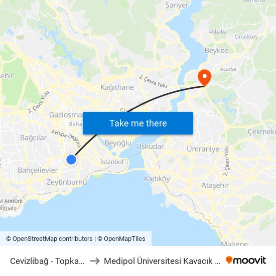 Cevizlibağ - Topkapi Yönü to Medipol Üniversitesi Kavacık Yerleşkesi map