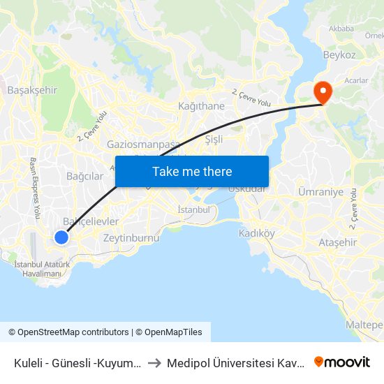 Kuleli - Günesli -Kuyumcu Kent Yönü to Medipol Üniversitesi Kavacık Yerleşkesi map