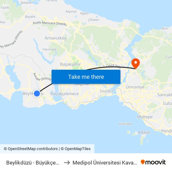 Beylikdüzü - Büyükçekmece Yönü to Medipol Üniversitesi Kavacık Yerleşkesi map