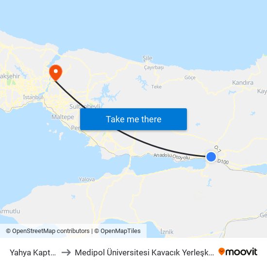 Yahya Kaptan to Medipol Üniversitesi Kavacık Yerleşkesi map