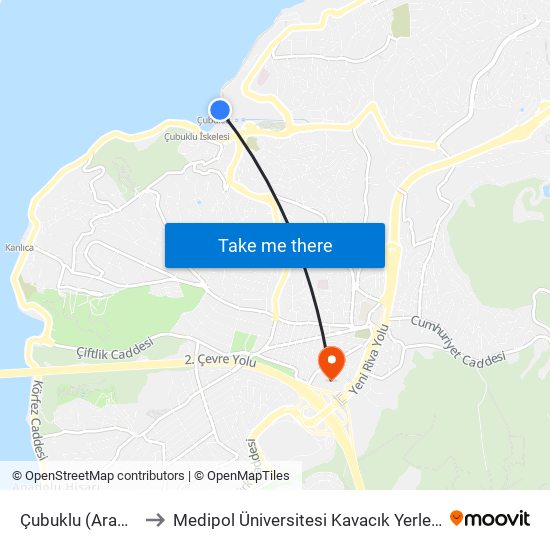 Çubuklu (Arabalı) to Medipol Üniversitesi Kavacık Yerleşkesi map