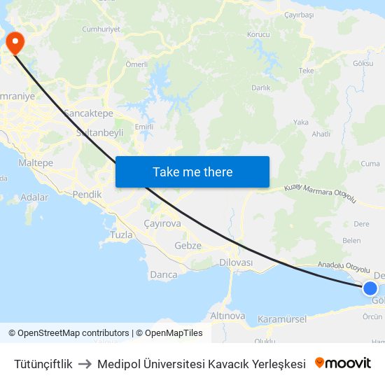 Tütünçiftlik to Medipol Üniversitesi Kavacık Yerleşkesi map