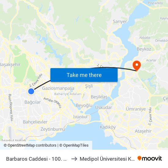 Barbaros Caddesi - 100. Yüzyıl Köprüsü Yönü to Medipol Üniversitesi Kavacık Yerleşkesi map