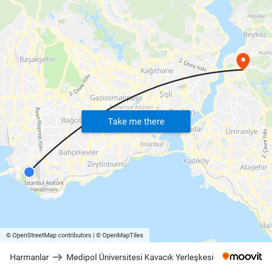 Harmanlar to Medipol Üniversitesi Kavacık Yerleşkesi map
