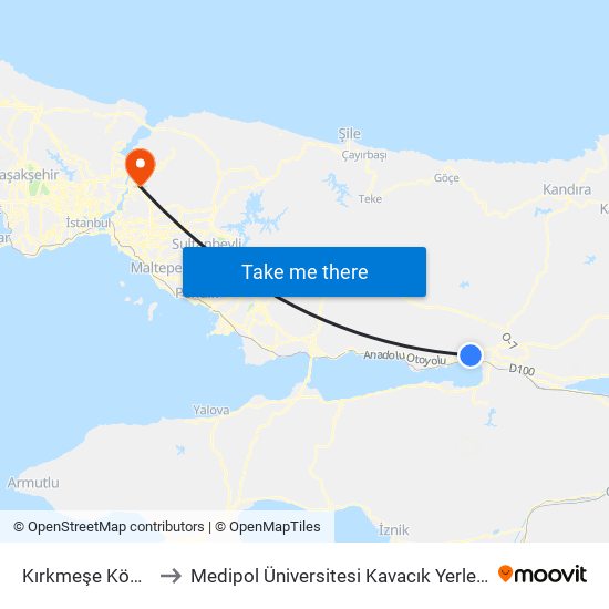 Kırkmeşe Köşe 1 to Medipol Üniversitesi Kavacık Yerleşkesi map