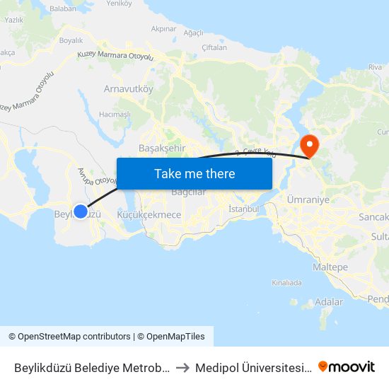 Beylikdüzü Belediye Metrobüs - Büyükçekmece Yönü to Medipol Üniversitesi Kavacık Yerleşkesi map