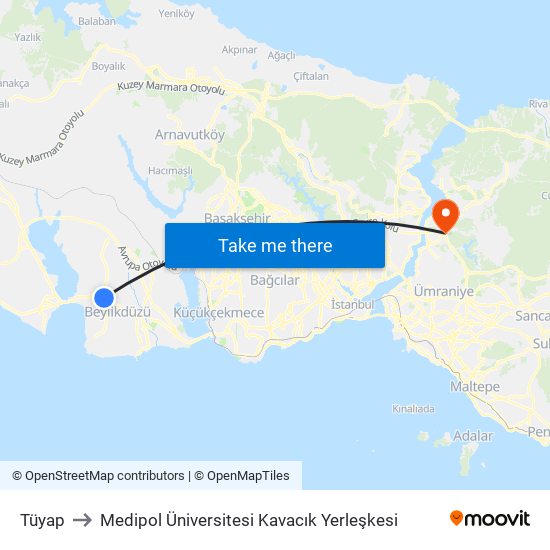 Tüyap to Medipol Üniversitesi Kavacık Yerleşkesi map