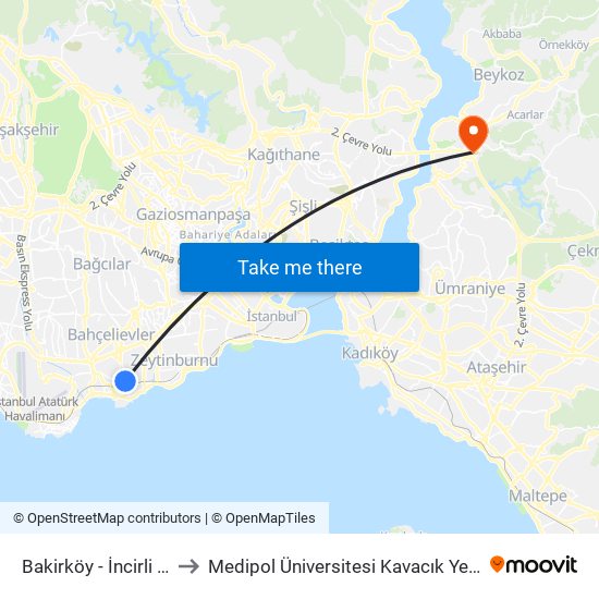 Bakirköy - İncirli Yönü to Medipol Üniversitesi Kavacık Yerleşkesi map