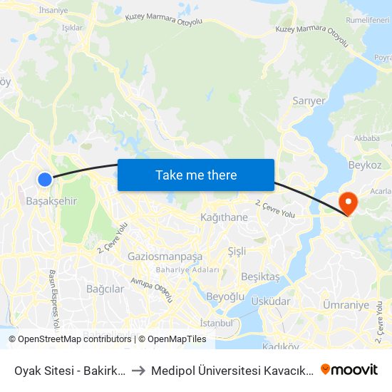 Oyak Sitesi - Bakirköy Yönü to Medipol Üniversitesi Kavacık Yerleşkesi map