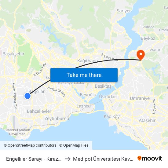 Engelliler Sarayi - Kirazli Metro Yönü to Medipol Üniversitesi Kavacık Yerleşkesi map
