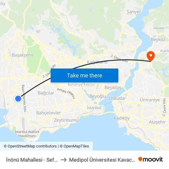 İnönü Mahallesi - Sefaköy Yönü to Medipol Üniversitesi Kavacık Yerleşkesi map