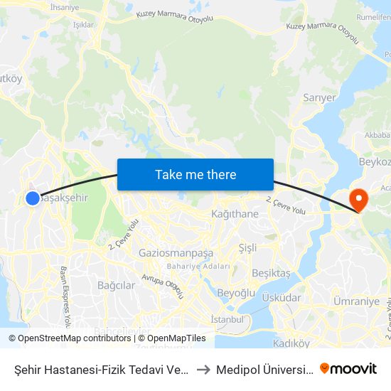 Şehir Hastanesi-Fizik Tedavi Ve Rehabilitasyon - Hastaneden Gidiş Yönü to Medipol Üniversitesi Kavacık Yerleşkesi map