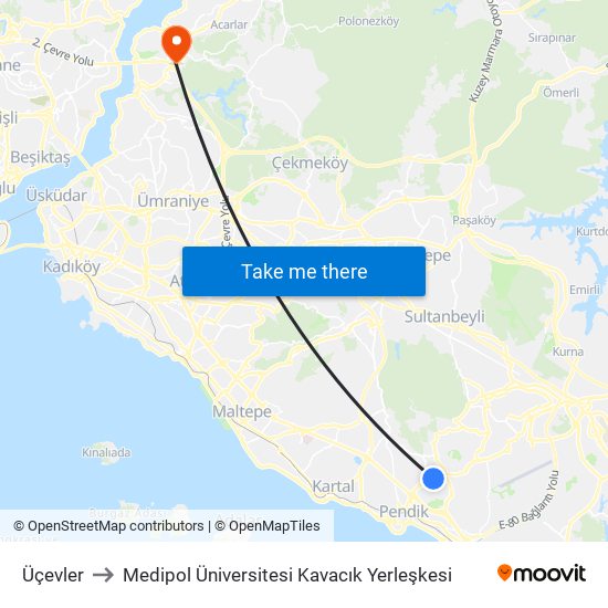 Üçevler to Medipol Üniversitesi Kavacık Yerleşkesi map