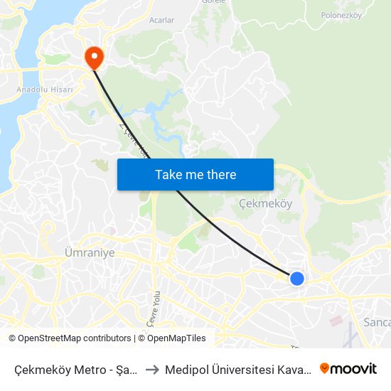 Çekmeköy Metro - Şahinbey Yönü to Medipol Üniversitesi Kavacık Yerleşkesi map