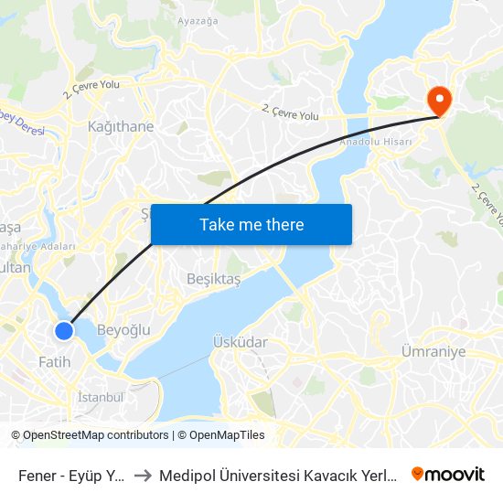 Fener - Eyüp Yönü to Medipol Üniversitesi Kavacık Yerleşkesi map