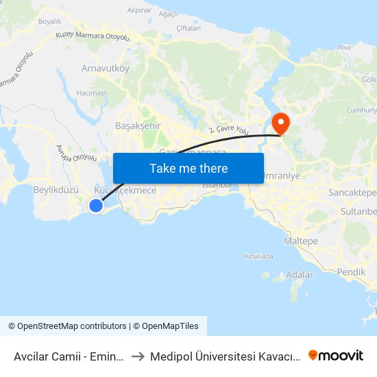 Avcilar Camii - Eminönü Yönü to Medipol Üniversitesi Kavacık Yerleşkesi map