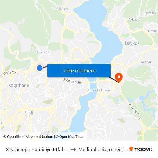 Seyrantepe Hamidiye Etfal Hastanesi - Levent Yönü to Medipol Üniversitesi Kavacık Yerleşkesi map