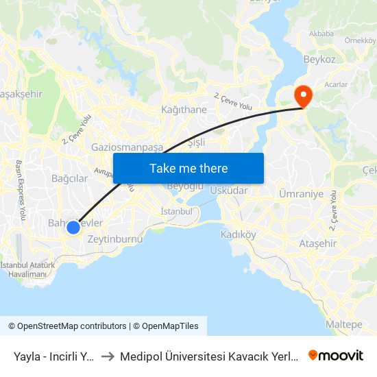 Yayla - Incirli Yönü to Medipol Üniversitesi Kavacık Yerleşkesi map