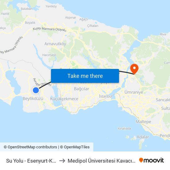 Su Yolu - Esenyurt-Kiraç Yönü to Medipol Üniversitesi Kavacık Yerleşkesi map