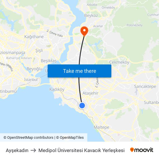 Ayşekadın to Medipol Üniversitesi Kavacık Yerleşkesi map