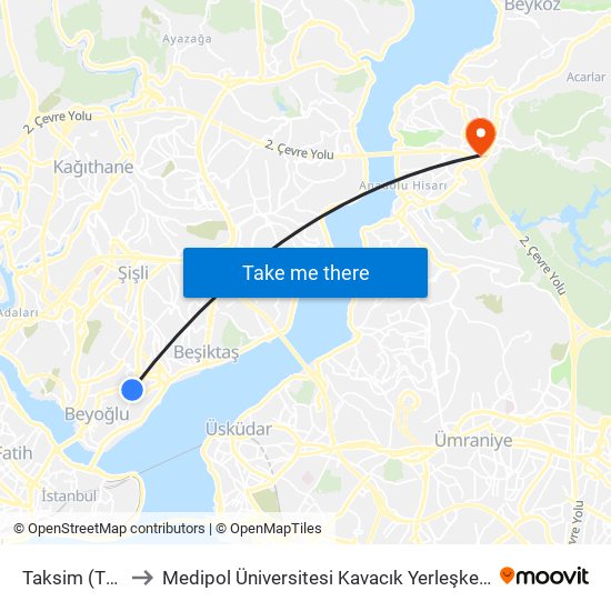 Taksim (T2) to Medipol Üniversitesi Kavacık Yerleşkesi map