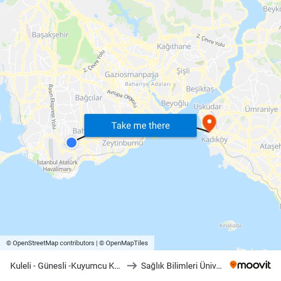 Kuleli - Günesli -Kuyumcu Kent Yönü to Sağlık Bilimleri Üniversitesi map
