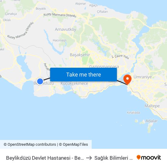 Beylikdüzü Devlet Hastanesi - Beykent-Gürpinar Yönü to Sağlık Bilimleri Üniversitesi map