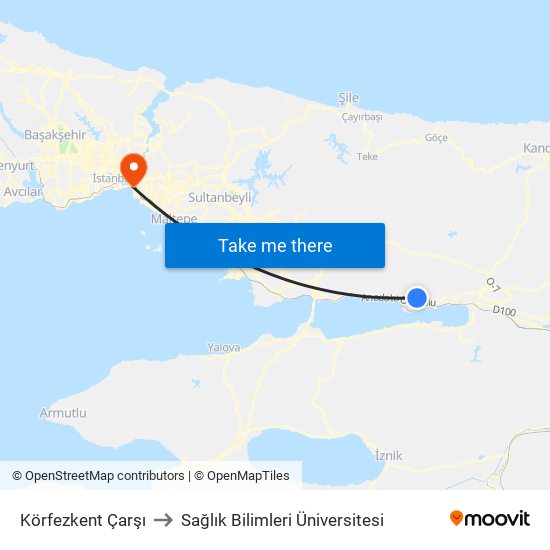 Körfezkent  Çarşı to Sağlık Bilimleri Üniversitesi map