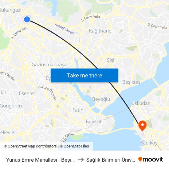 Yunus Emre Mahallesi - Beşiktaş Yönü to Sağlık Bilimleri Üniversitesi map