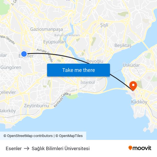 Esenler to Sağlık Bilimleri Üniversitesi map